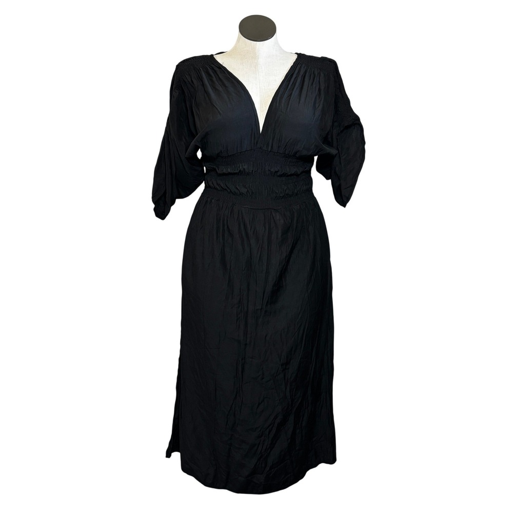 Womens Black V Neck Smocked Waist Maxi Dress XL Flowy‎ Boho Festival Vacation